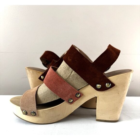 Retro Boho Chunky Platform Suede Leather 9.5 Sandals Pink Brown Wooden Heel - Picture 3 of 16